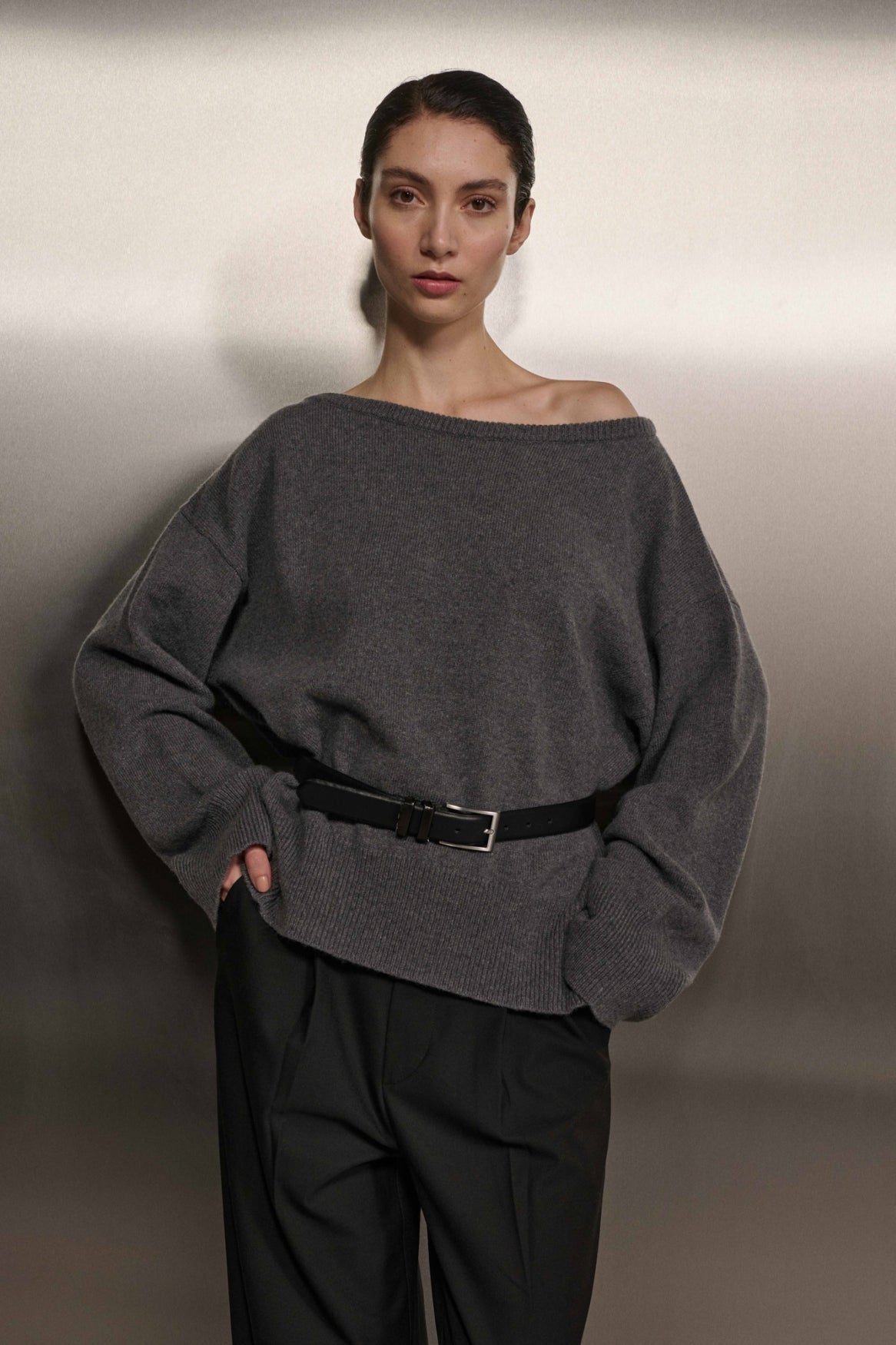 Off Shoulder Knit Yoki'CL Grey Melee