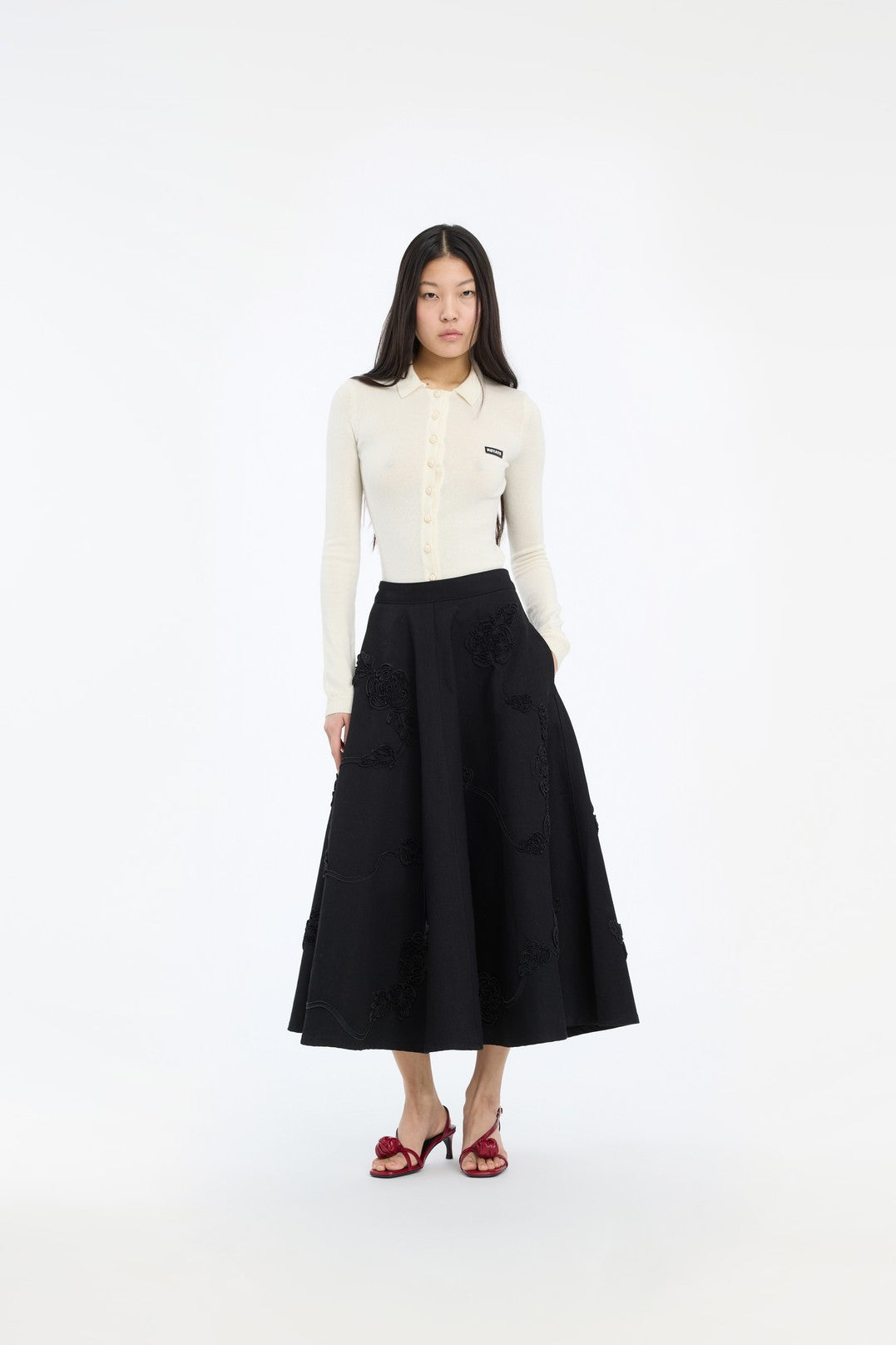 DENIM FLOWER MIDI SKIRT