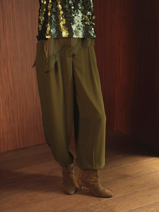 Nadelstreifen Balloon Pants Olivgrün