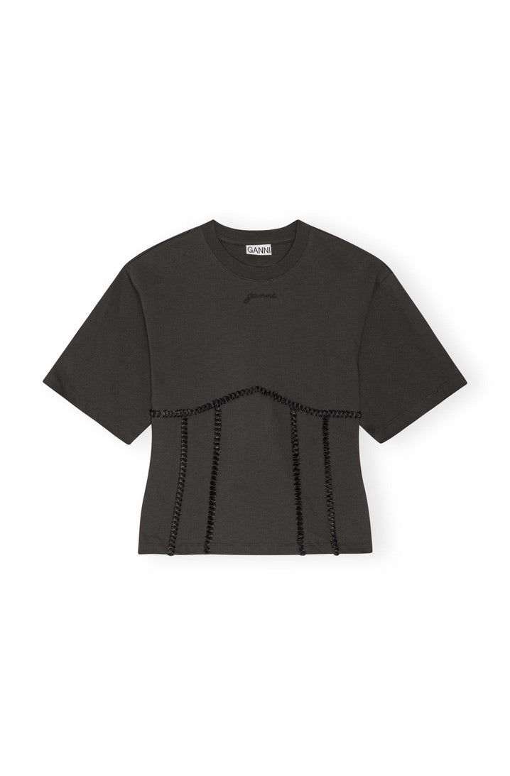 Ganni Schwarzes Baumwoll T-Shirt mit Rückenschnürung