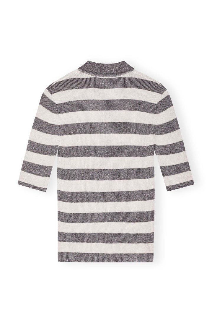 Ganni Grau-Gestreiftes Polo-Rippenshirt mit Glitzer