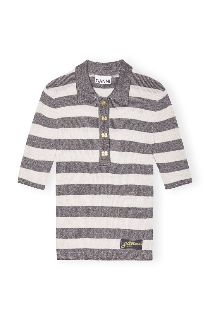Ganni Grau-Gestreiftes Polo-Rippenshirt mit Glitzer
