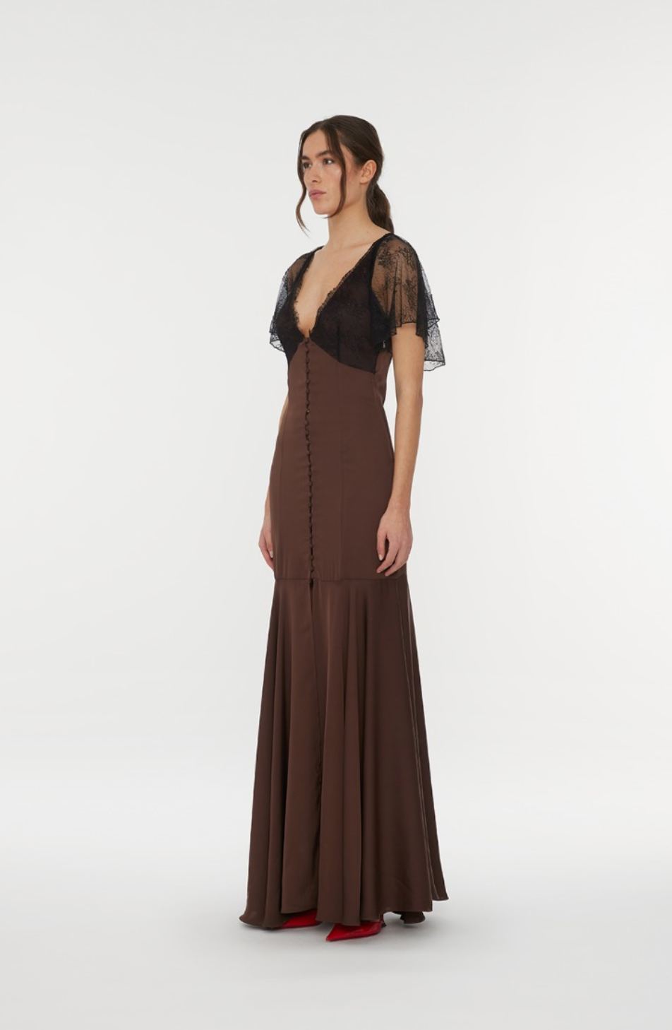 Lace Maxi V-Neck Dress Brown