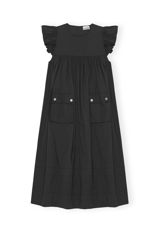Ganni Stretch Cotton Frill Sleeve Dress Black