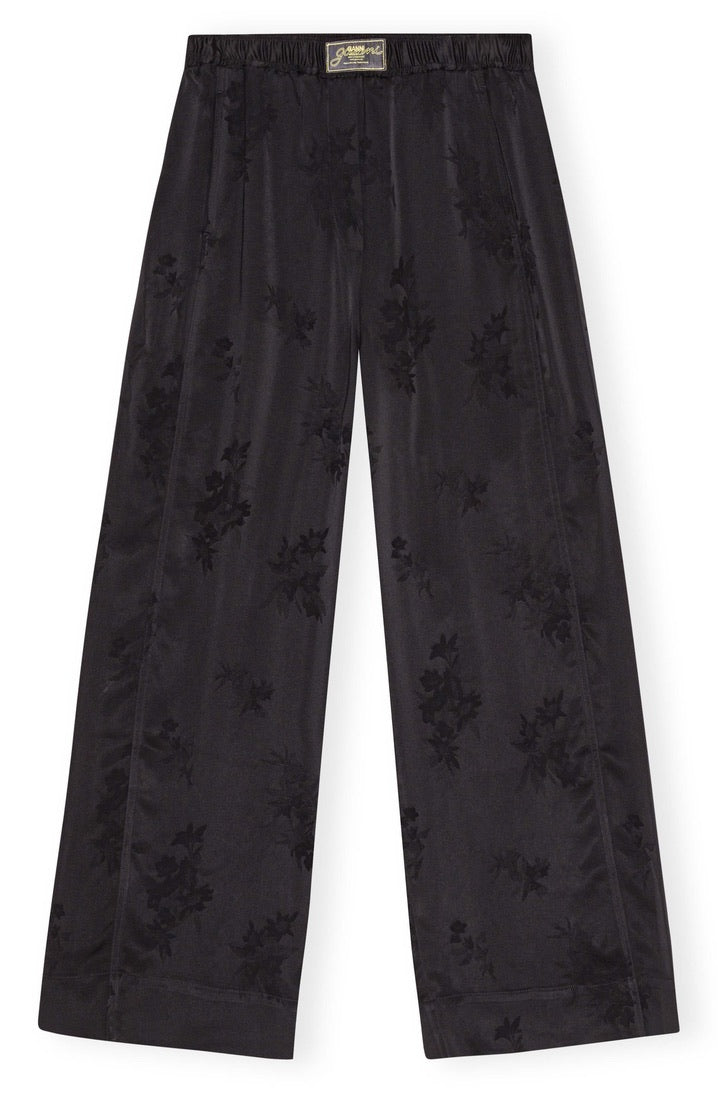 Ganni Schwarze Satin-Jaquard-Hose
