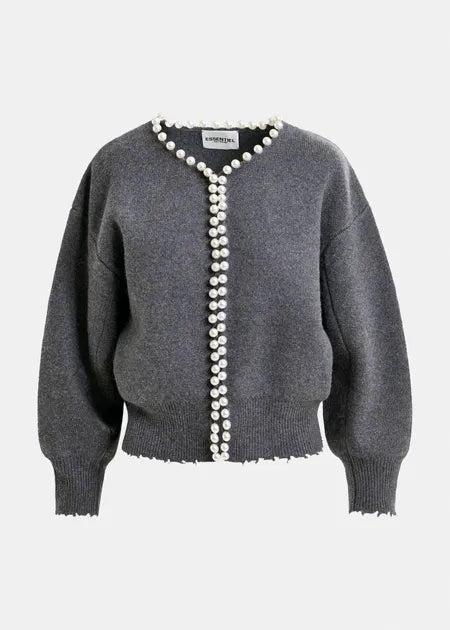 Grauer Cardigan mit Perlenverzierung