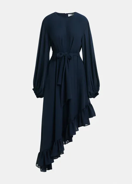 Asymmetrisches Maxikleid mit Rüschensaum und Schleifenband (Lavallieère) in Marineblau