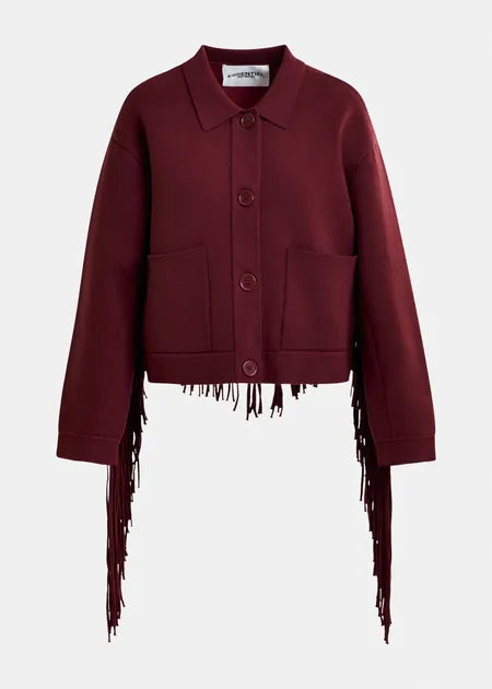 Burgunderrote, kurze Strickjacke mit Fransen