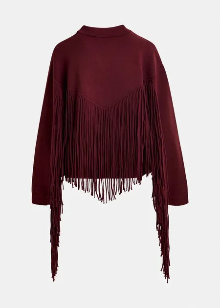 Burgunderrote, kurze Strickjacke mit Fransen
