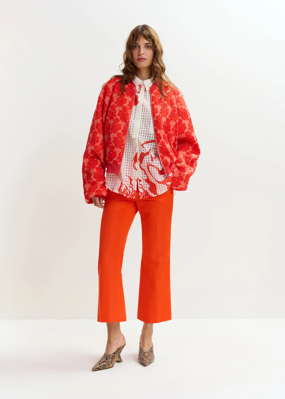Gesteppte Jacquard-Bomberjacke in Rot und Orange mit Blumenmuster