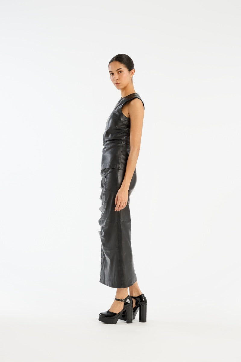 Buttoned Midi Leather Skirt Black