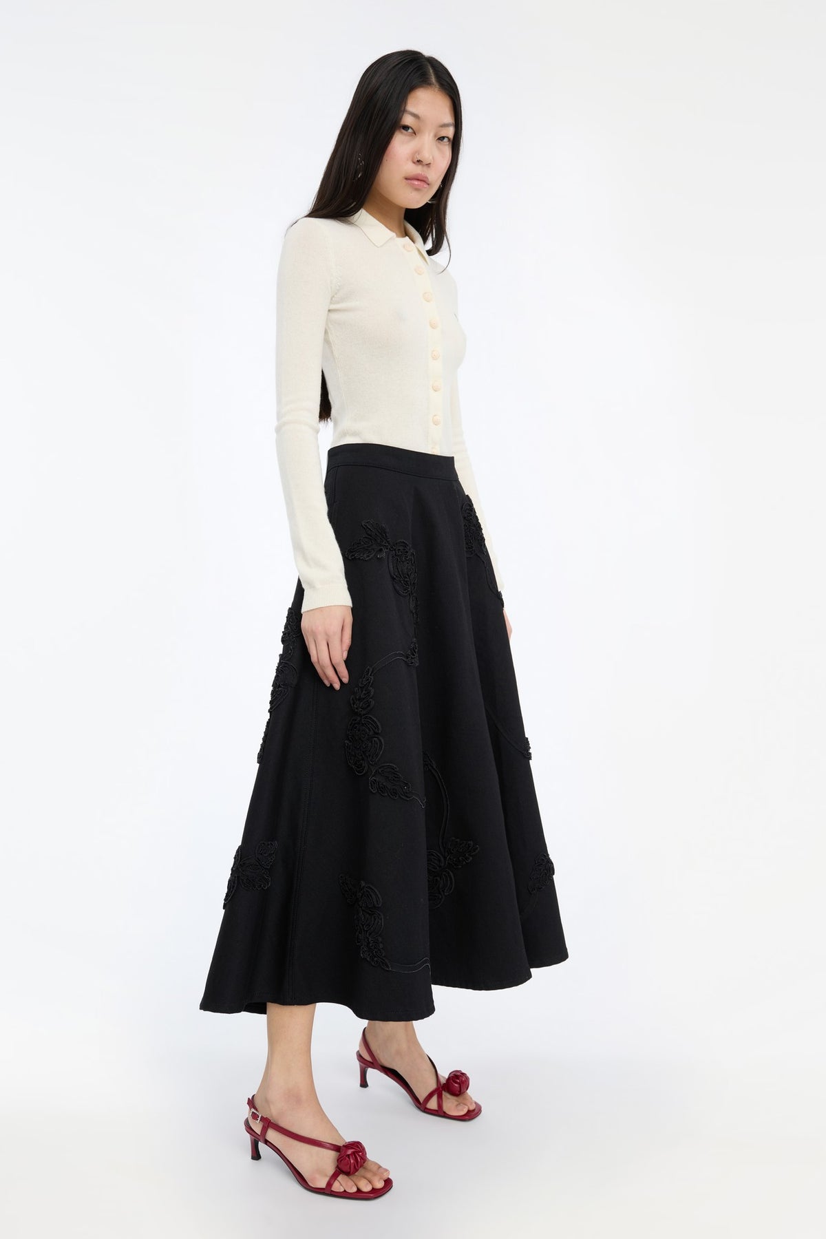 DENIM FLOWER MIDI SKIRT