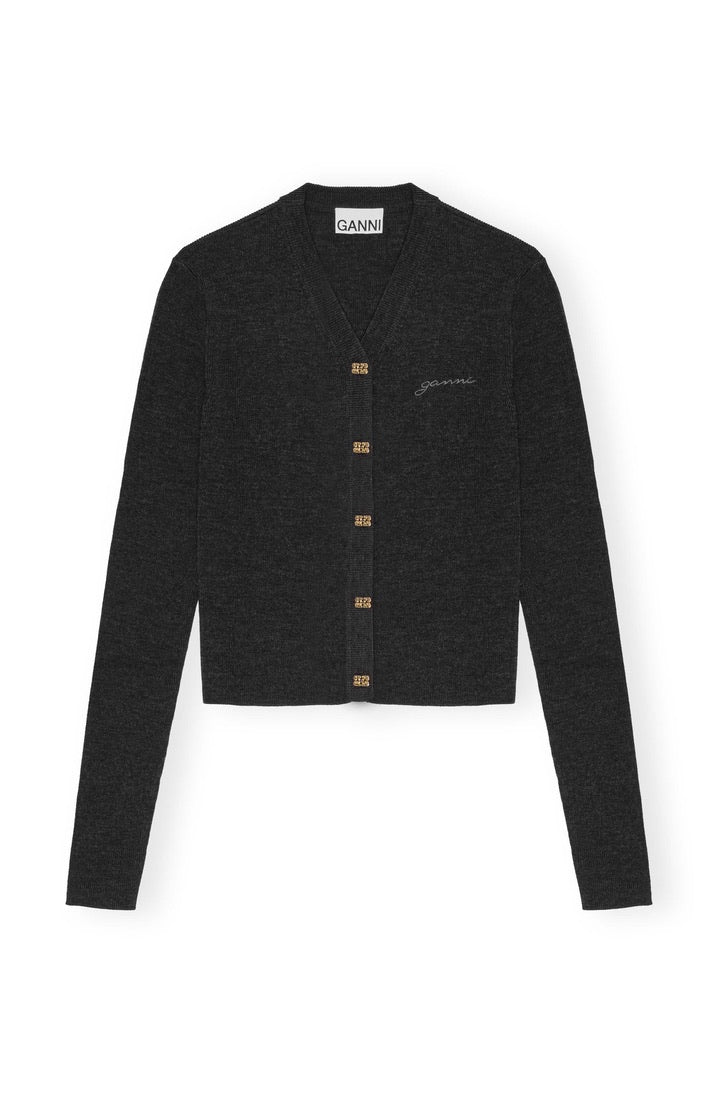 Ganni Schwarzer Mini-Cardigan aus Merino-Rippstrick