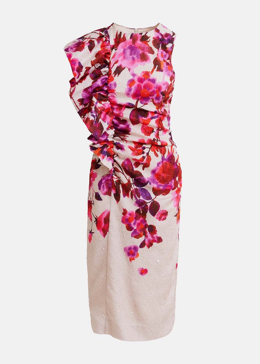 Asymmetrisches Midikleid in Creme, Rosa und Violett mit Blumenprint und Rüscheneinsatz
