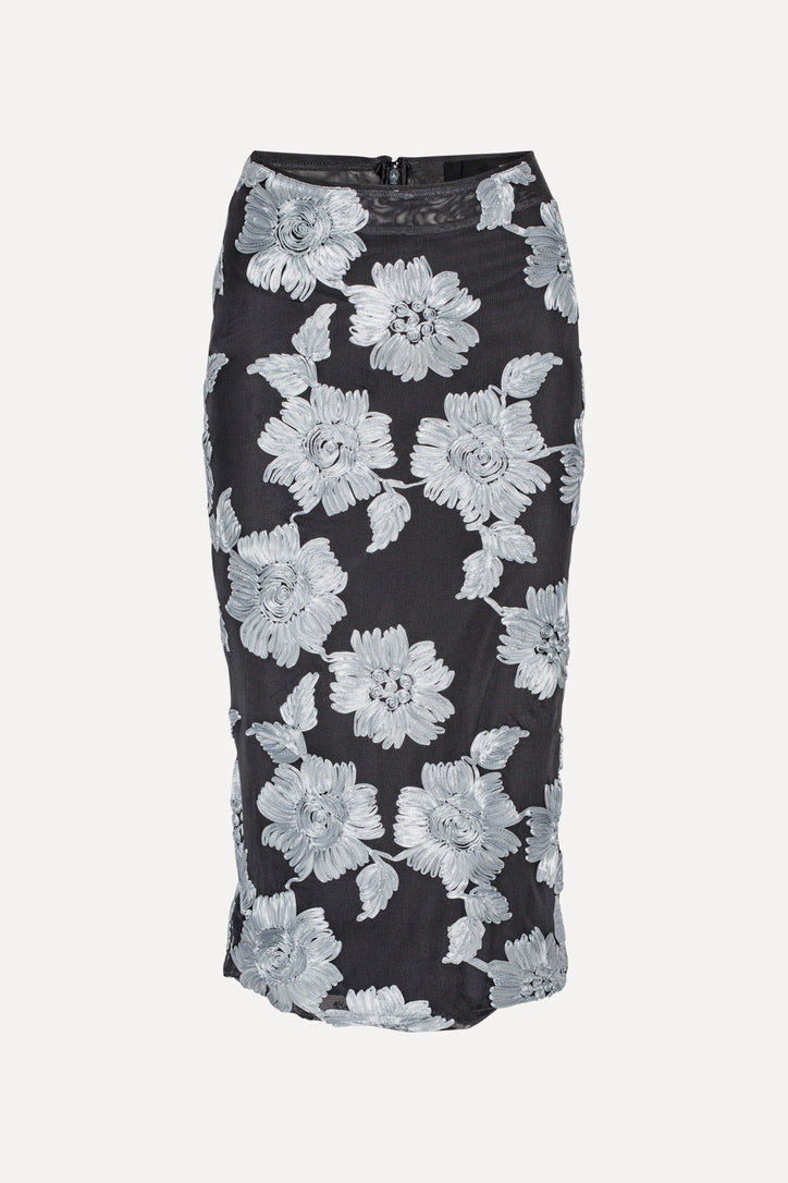 Flower Mesh Pencil Skirt Gray