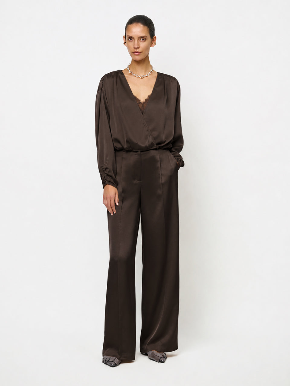 Satin Wrap Top Espresso Brown
