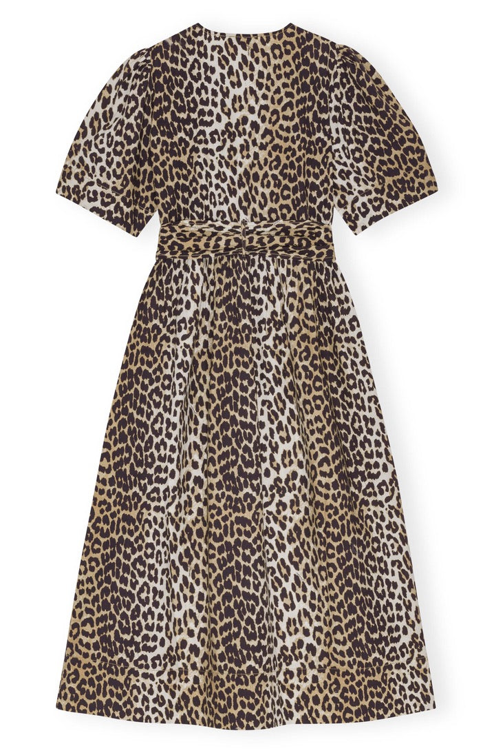 Ganni Bedrucktes Midikleid mit Leopardenprint und Bindebändern aus Baumwolle