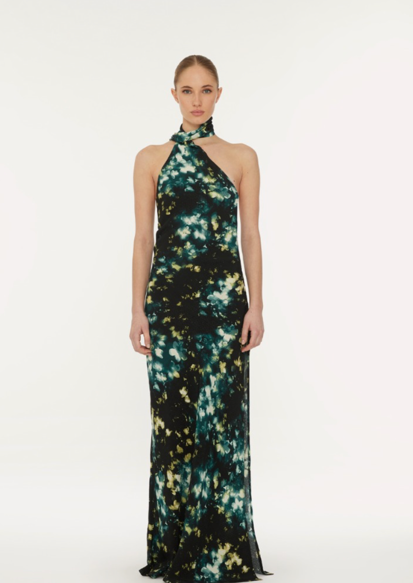 Assymetric Maxi Dress Black Flower Print