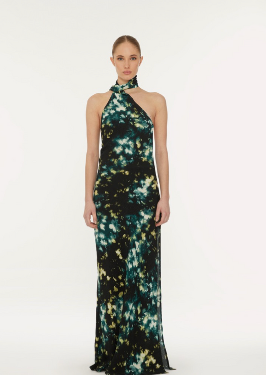 Assymetric Maxi Dress Black Flower Print