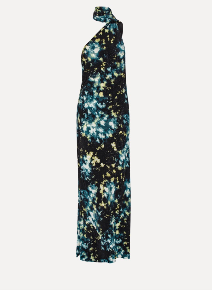Assymetric Maxi Dress Black Flower Print