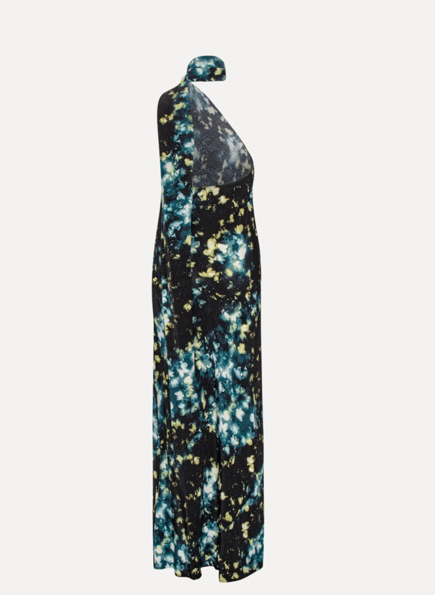 Assymetric Maxi Dress Black Flower Print