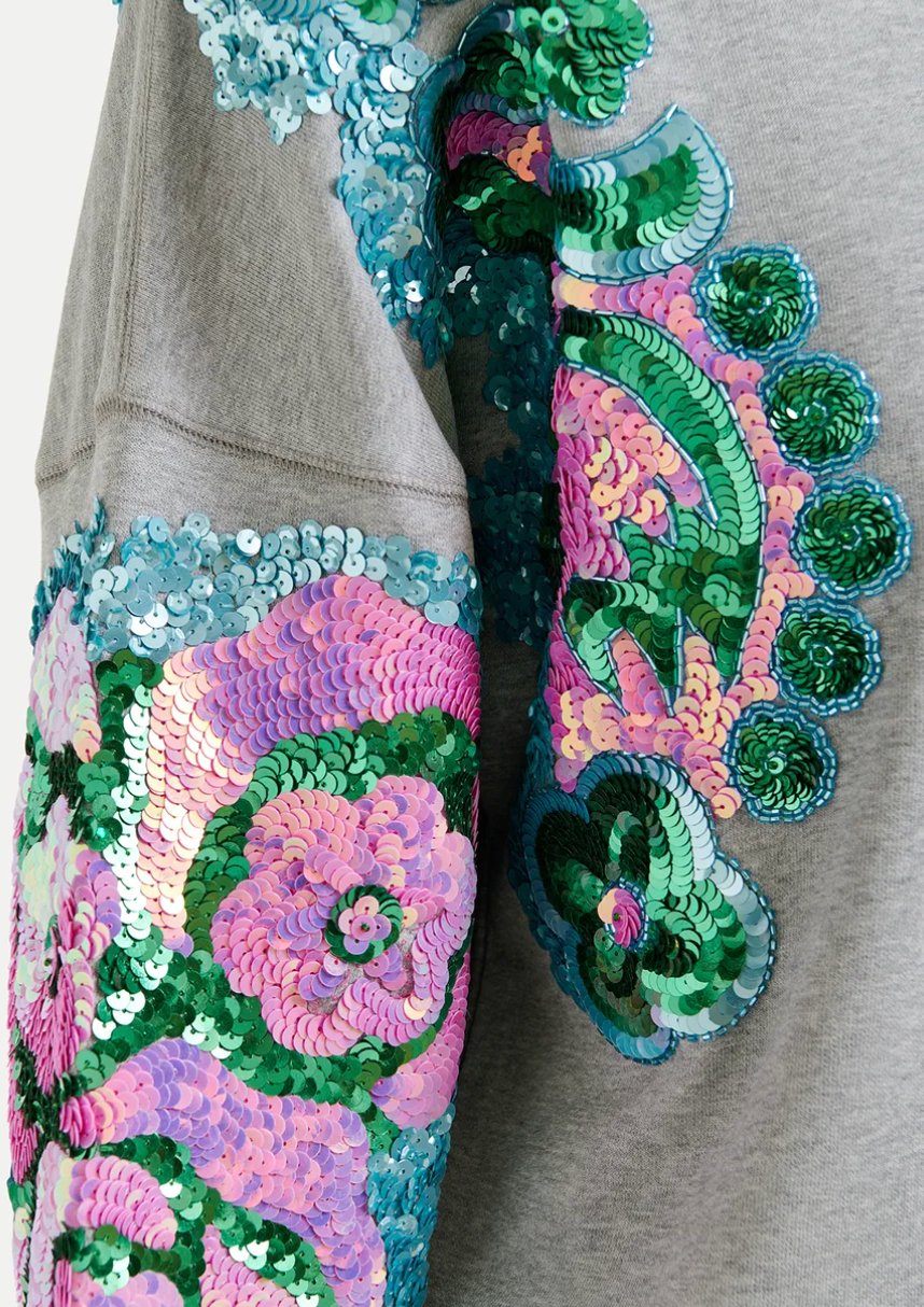 Sweatshirt aus Bio-Baumwolle mit Pailletten- und Perlenstickerei an den Ärmeln