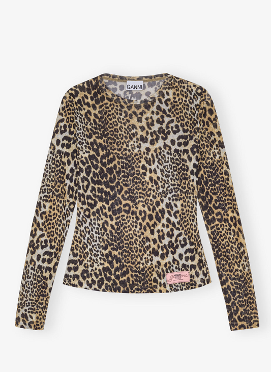 Ganni Langärmelige Bluse mit Leopardenprint aus Mesh