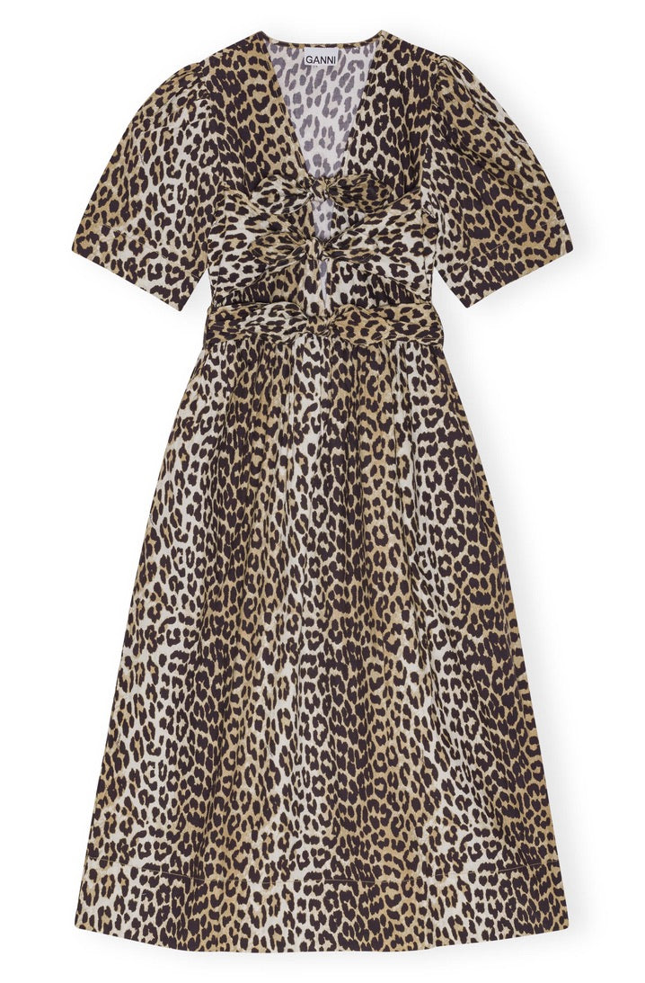 Ganni Bedrucktes Midikleid mit Leopardenprint und Bindebändern aus Baumwolle