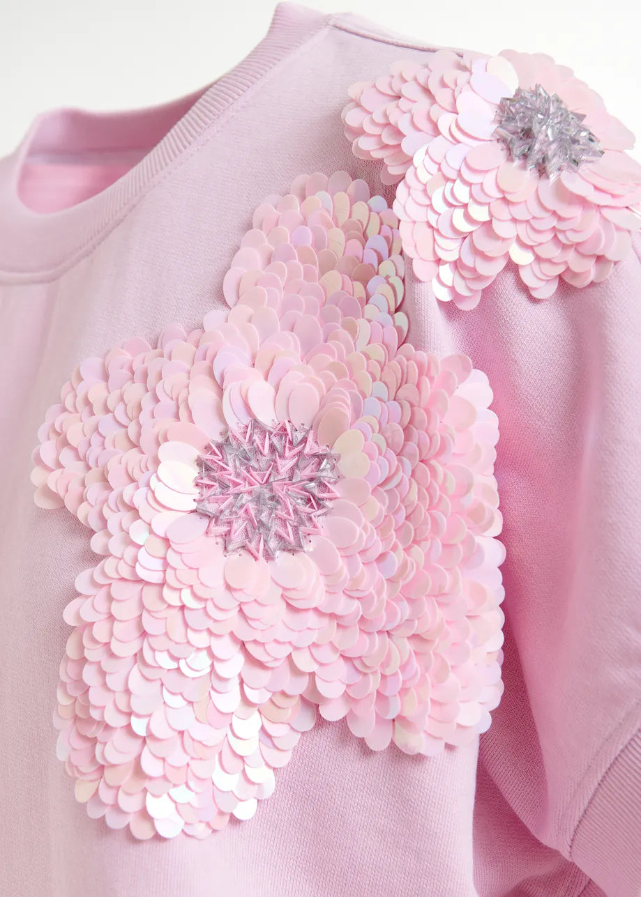 Hellrosa Sweatshirt aus Baumwolle mit Paillettenstickereien