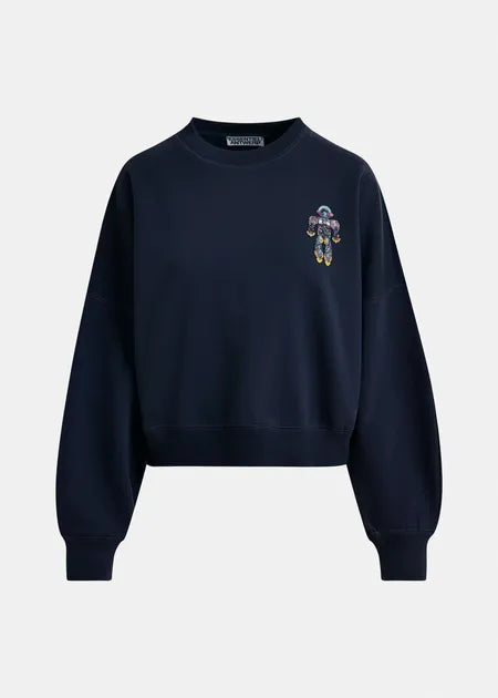 Marineblaues und mehrfarbiges Baumwoll-Sweatshirt mit Pailletten- und Perlenstickerei