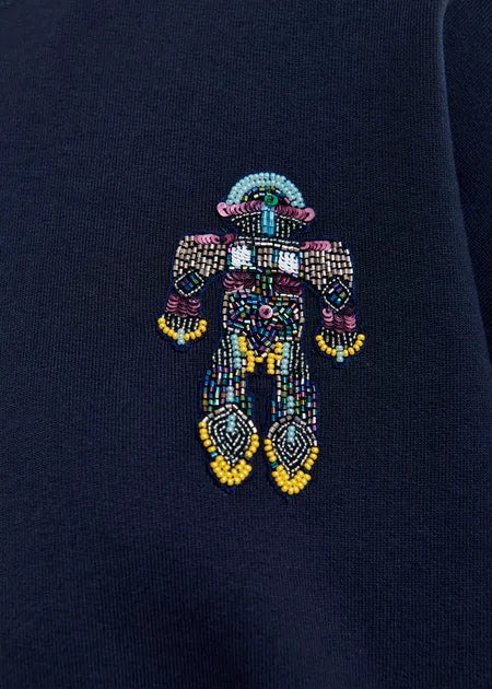 Marineblaues und mehrfarbiges Baumwoll-Sweatshirt mit Pailletten- und Perlenstickerei