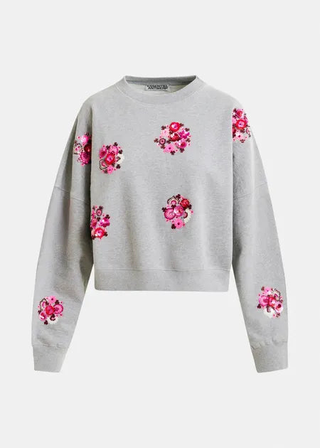 Graues und mehrfarbiges Baumwoll-Sweatshirt mit floralen Pailletten- und Perlenstickereien