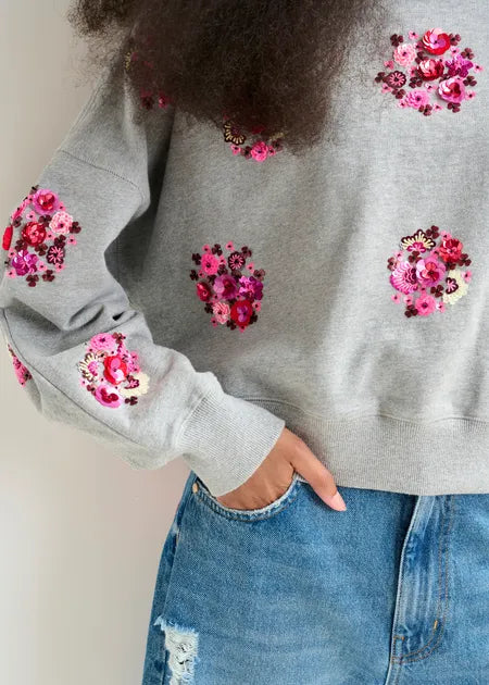 Graues und mehrfarbiges Baumwoll-Sweatshirt mit floralen Pailletten- und Perlenstickereien