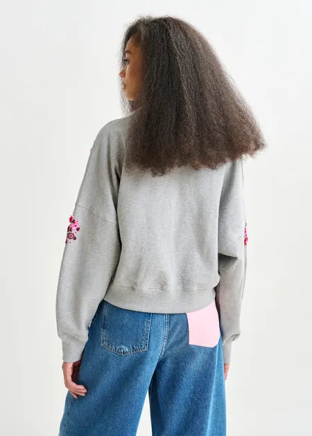 Graues und mehrfarbiges Baumwoll-Sweatshirt mit floralen Pailletten- und Perlenstickereien