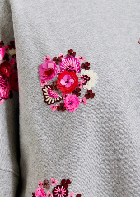Graues und mehrfarbiges Baumwoll-Sweatshirt mit floralen Pailletten- und Perlenstickereien