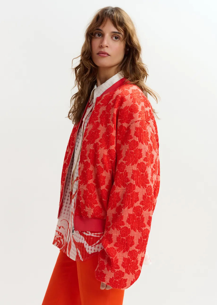 Gesteppte Jacquard-Bomberjacke in Rot und Orange mit Blumenmuster
