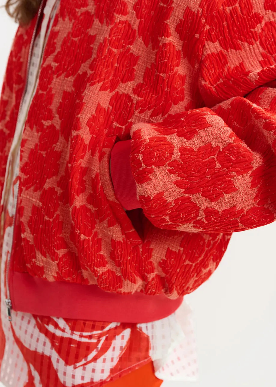 Gesteppte Jacquard-Bomberjacke in Rot und Orange mit Blumenmuster