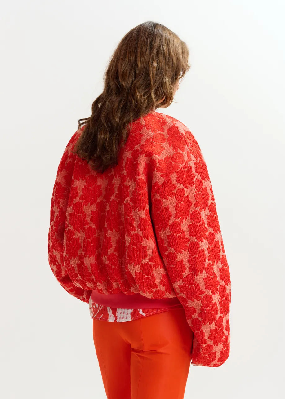 Gesteppte Jacquard-Bomberjacke in Rot und Orange mit Blumenmuster