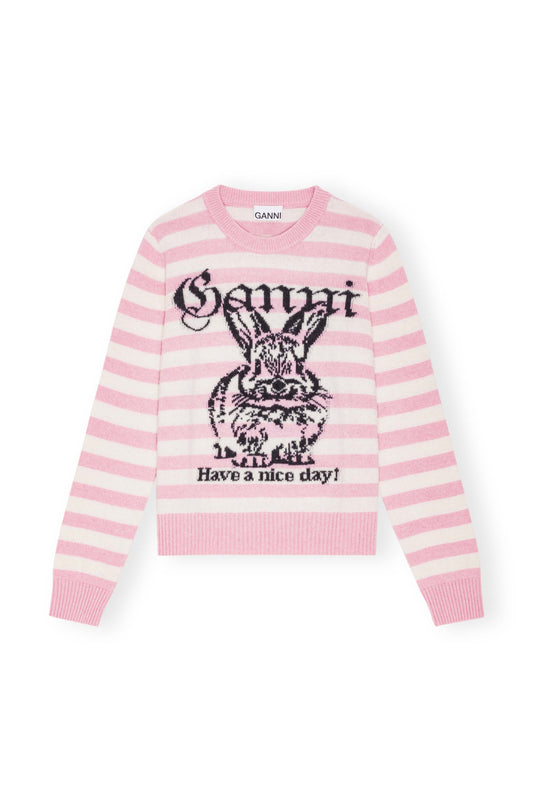 Striped Graphic Woolmix Bunny Cewneck Primrose Pink