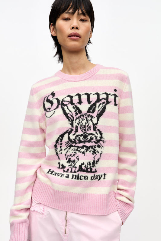 Gestreifter grafischer Bunny-Wollpullover