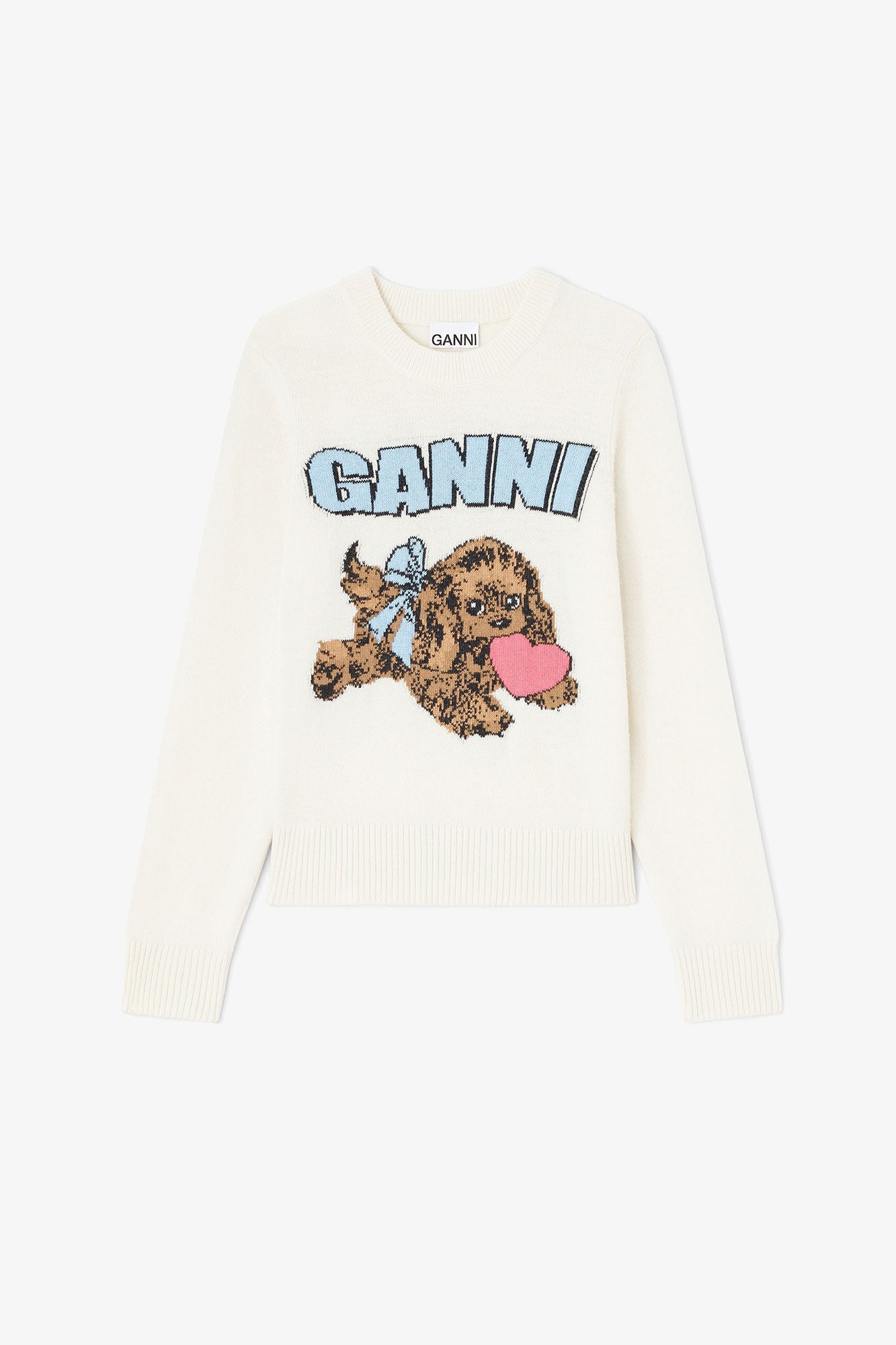 Graphic Wool Mix Fluffy Puppy Love Crewneck Egret