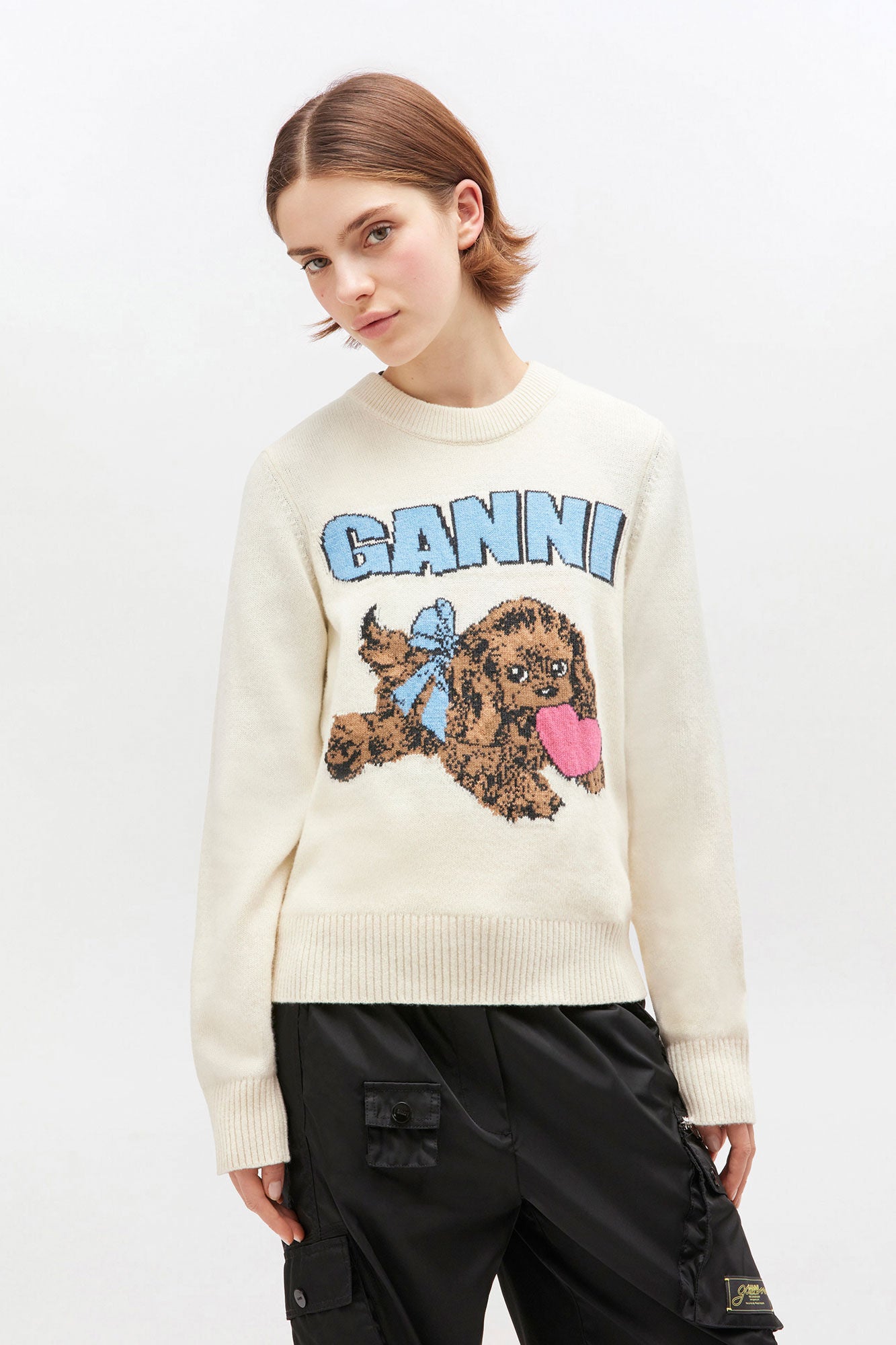 Graphic Wool Mix Fluffy Puppy Love Crewneck Egret