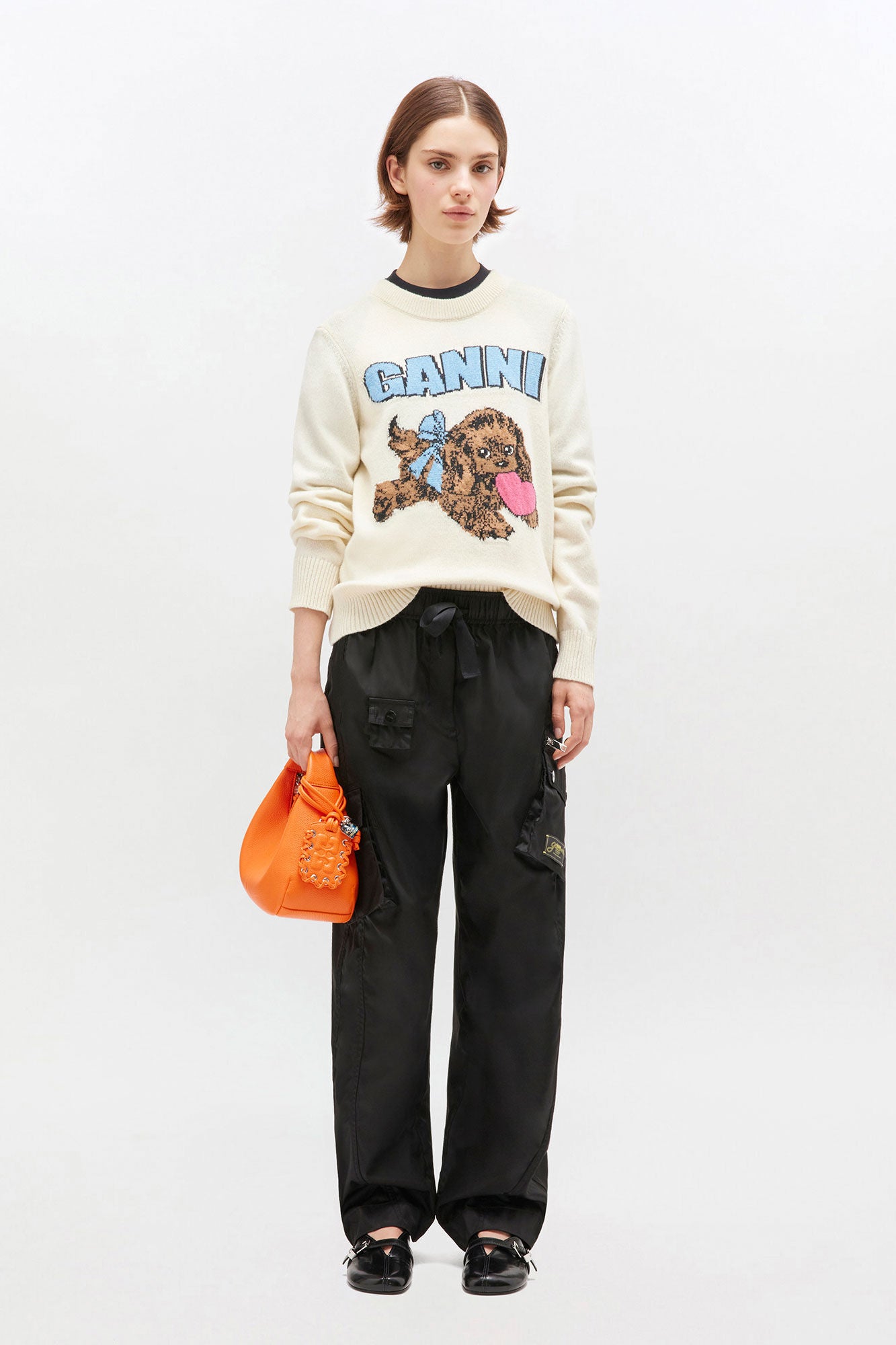 Graphic Wool Mix Fluffy Puppy Love Crewneck Egret