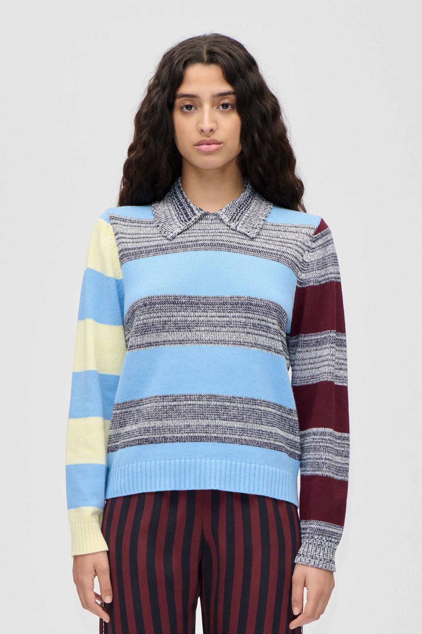 Strickpullover Mix Stripe Polo Collar Sweater - Multistripes Blue Mix