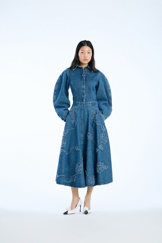 Denim Flower Midi Skirt