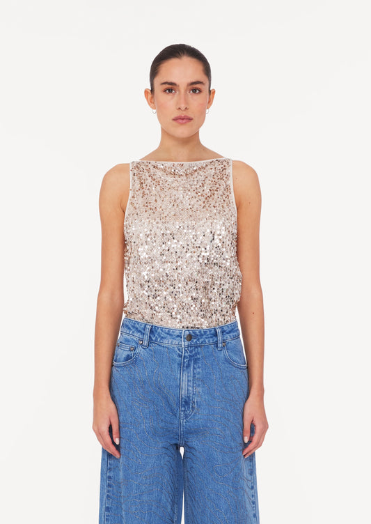 Net Sequins Boatneck Top