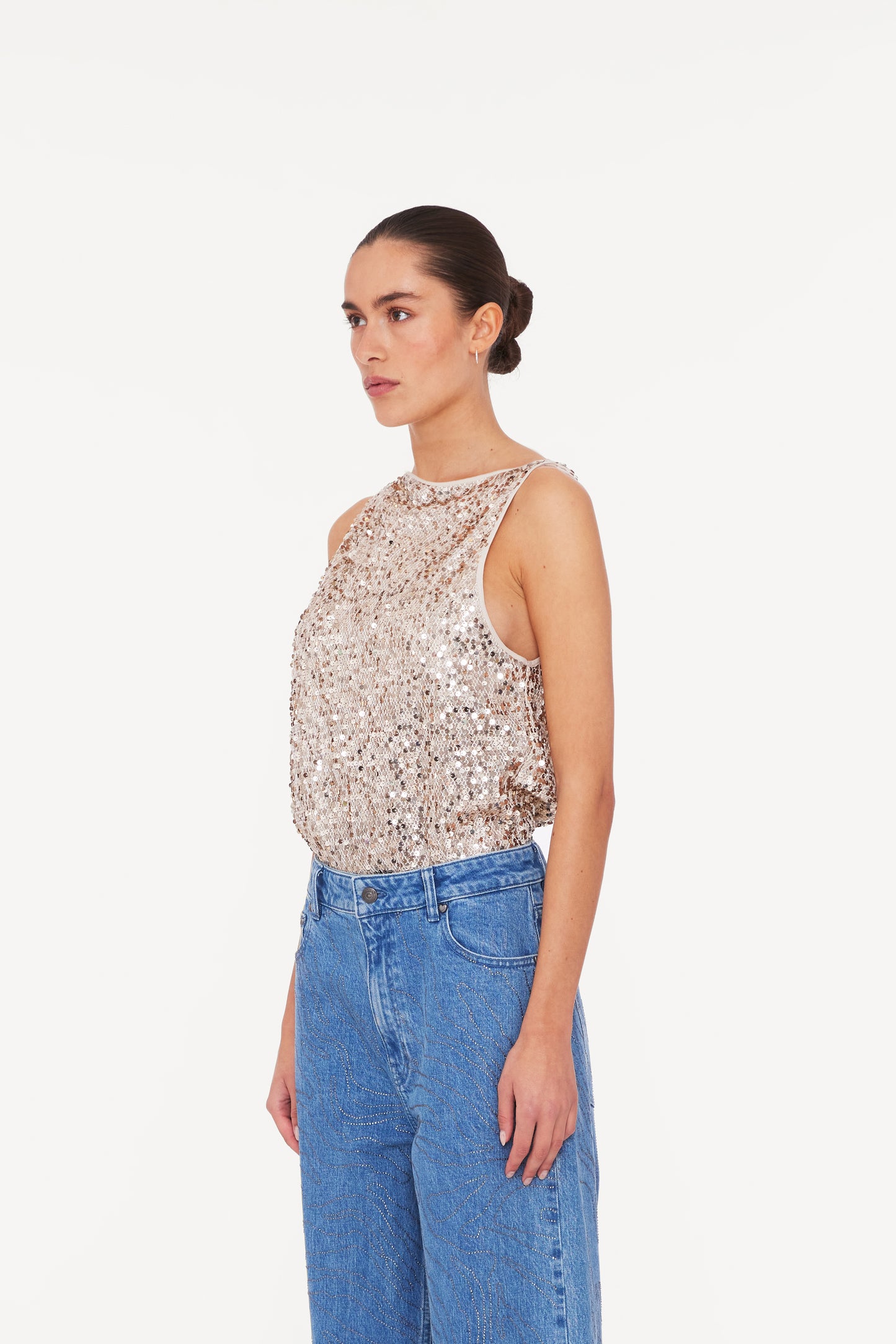 Net Sequins Boatneck Top