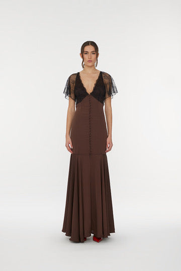 Lace Maxi V-Neck Dress Brown