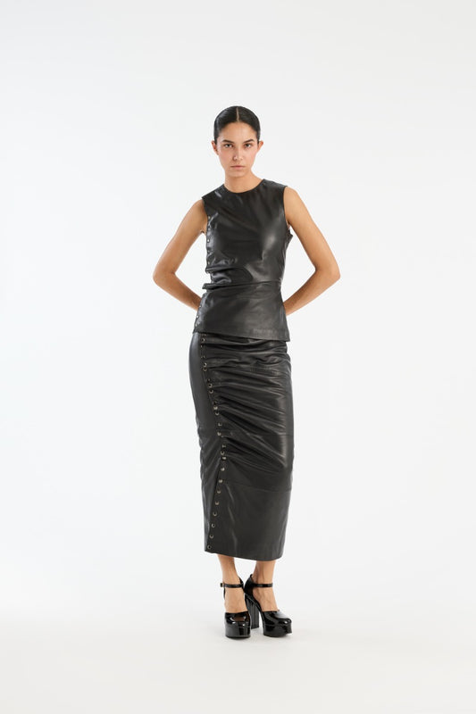 Buttoned Midi Leather Skirt Black
